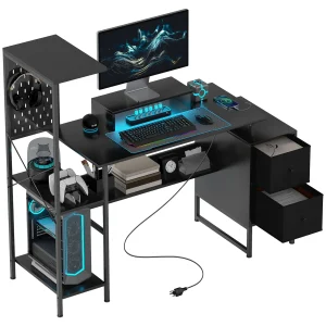 56" Gaming Desk with LED Lights, Shelves & Drawers