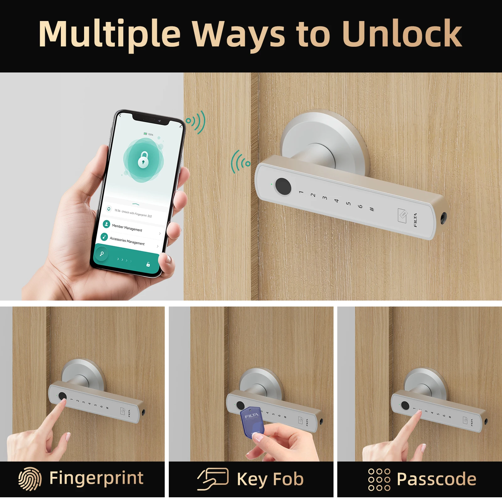 Smart Lock Fingerprint, Passcode, Card, App Control, Type-C Emergency Power, Indoor Door Lock - Image 2