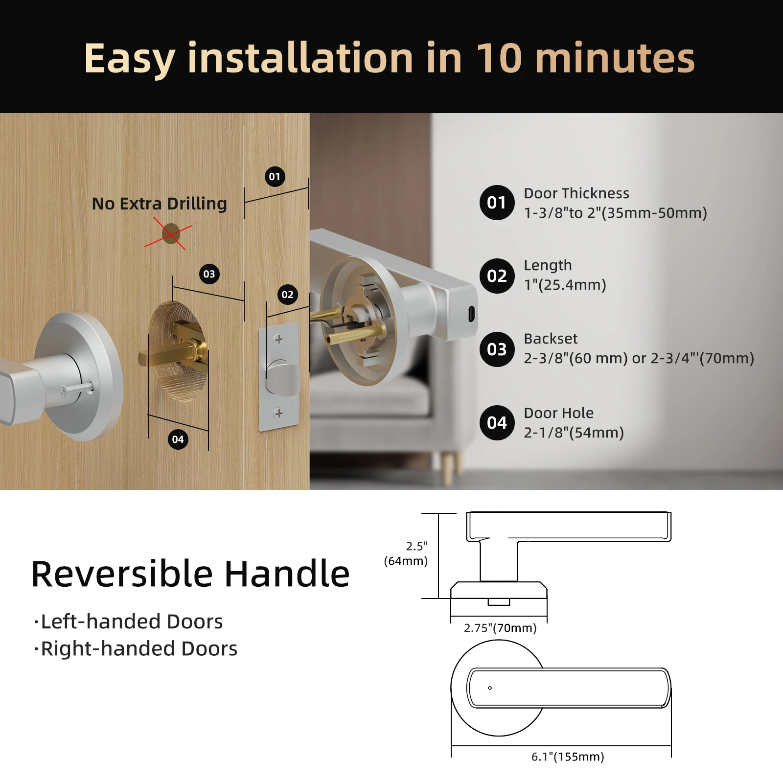 Smart Lock Fingerprint, Passcode, Card, App Control, Type-C Emergency Power, Indoor Door Lock - Image 3